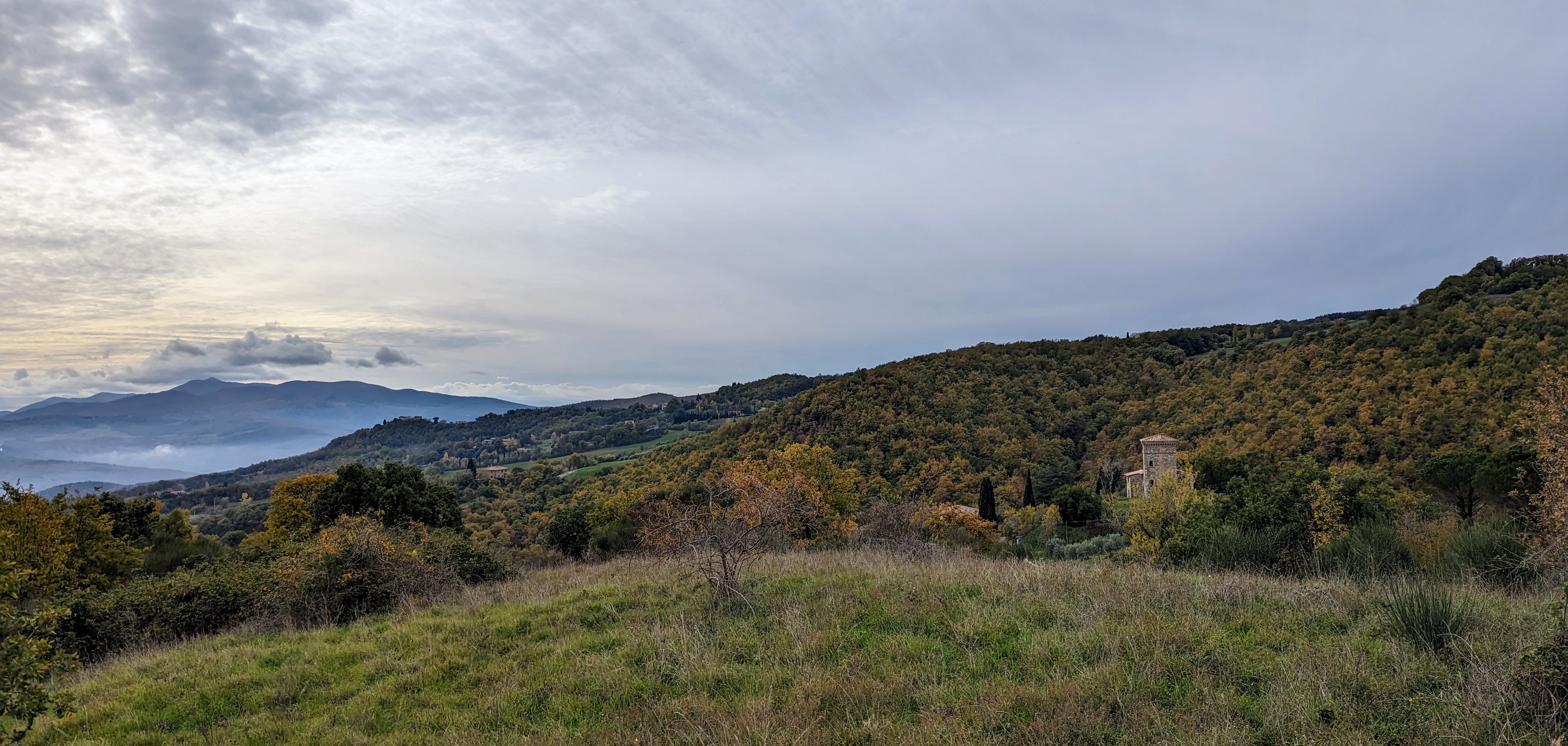 Standalone landscape overview of the watchtower of Roscialesco embedded in the hillside